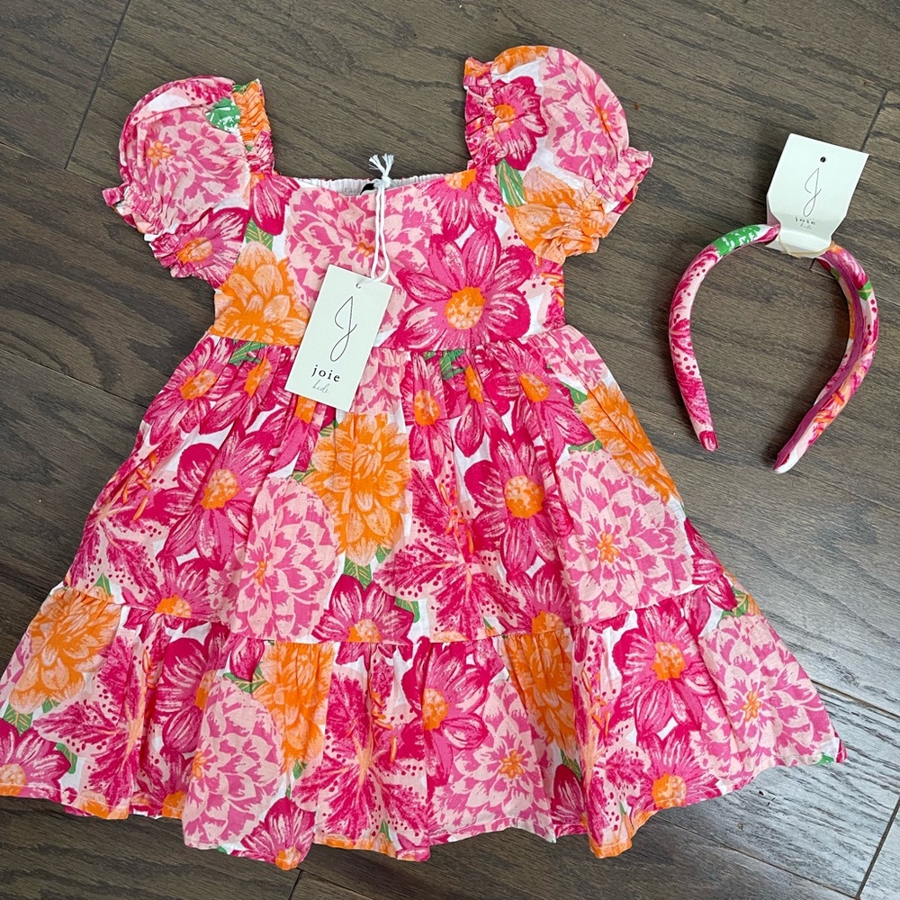 Joie Kids Pink and Orange Floral Dress and headband